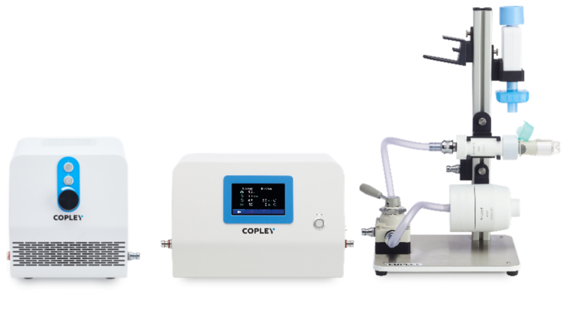 Image shows a test set up for Delivered Dose Uniformity (DDU) Testing of Soft Mist Inhalers (SMIs)